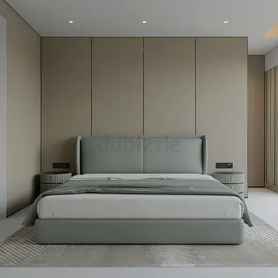 Modern upholstered queen bed with padded headboard - light sage