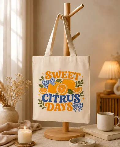 Canvas Tote Bag - "Sweet Citrus Days" Print, Light Beige