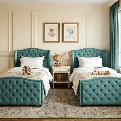 Pair of tufted single beds with bedside table