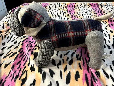 MUJI Holiday Season Patchwork Tweed Bull Dog Plush.