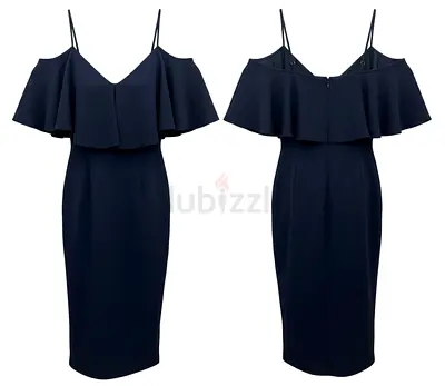 Navy Off-Shoulder Ruffle Midi Dress