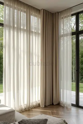 Set of Beige Floor-to-Ceiling Curtains with Sheer Panels - Gently Used