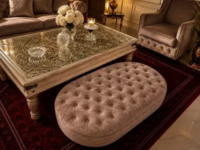 Velvet Tufted Oval Ottoman / Footstool in Taupe - Good Condition