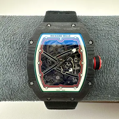 This timepiece is a Richard Mille RM 67-02 "Italy" Edition, featuring a distinctive Carbon TPT case