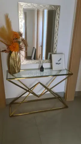 Gold Metal & Glass Console Table with Geometric Base