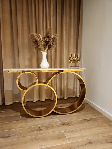 Gold Circular Console Table with Marble Top - Elegant Entryway Piece