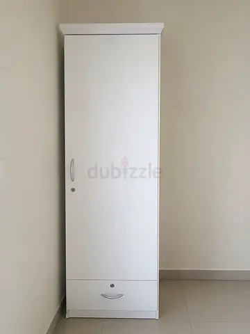 Slim White Wardrobe / Single Door Armoire with Drawer and lock