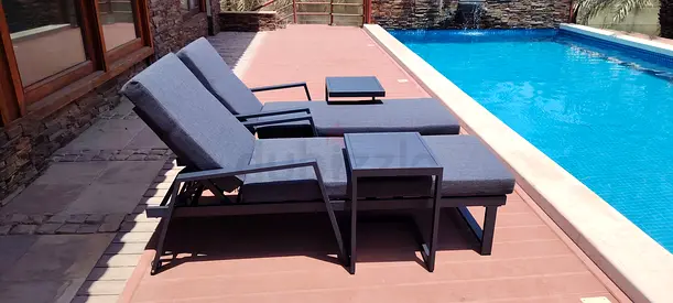 Pair of Outdoor Poolside Sun Loungers with Side Tables