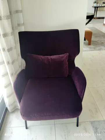 Plum Velvet Accent Armchair with Cushion - Good Condition