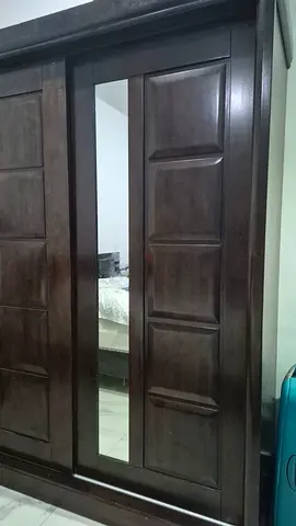 Large Dark Wood Sliding Door Wardrobe with Mirror