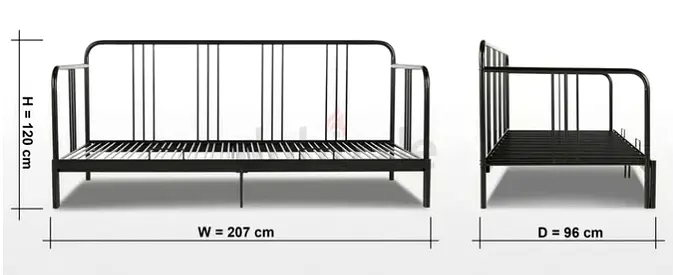 Black Metal Daybed Frame with Backrest and Side Rails - 207cm x 96cm (Good Condition)