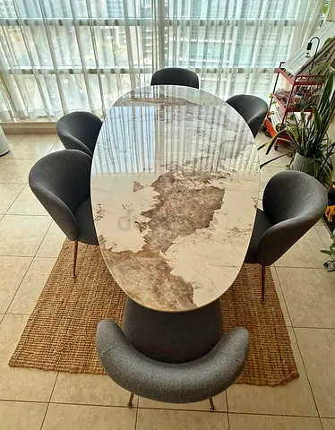 Oval marble-effect dining table with 6 grey upholstered chairs - set