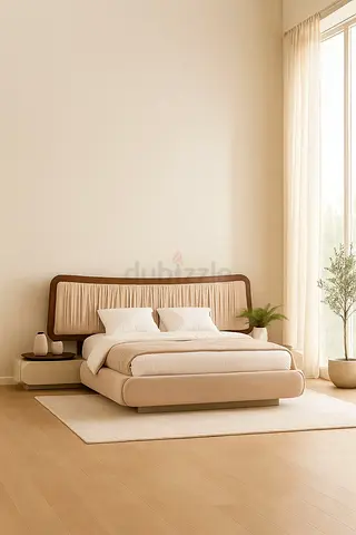 Modern Upholstered King Bed with Padded Headboard - Beige