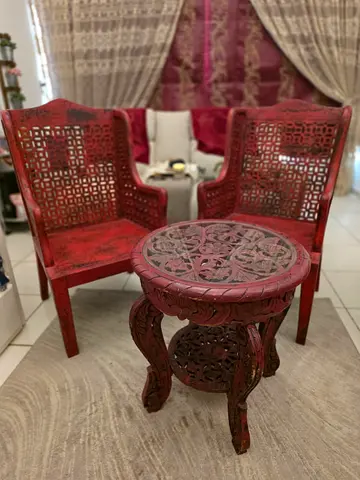 Set of 2 Pure Red wooden chair with a 4 legged matching glass table