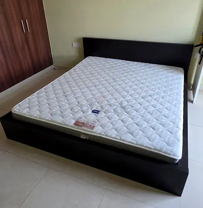 Queen size bed frame with mattress - dark wood