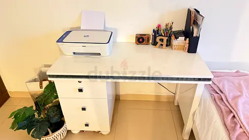 White Study Desk with 3 Drawers and Marble Top - Good Condition