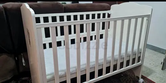 White Wooden Baby Crib with Mattress - Good Condition