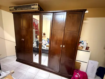 Large Dark Wood 6-Door Wardrobe with Mirror - Good Condition