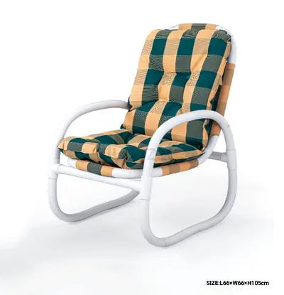 White tubular frame lounge chair with green/beige cushion - good condition