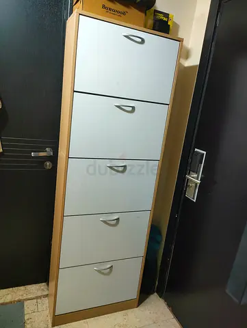 Slim 5-Drawer Shoe Cabinet - Light Wood with White Fronts 25 Pairs