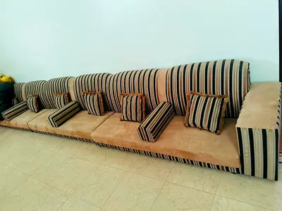 Large Low-Profile Striped Sofa - 5-Seater, Good Condition