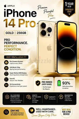 iPhone 14 pro A++ No repaired, fully water pack and no scratches