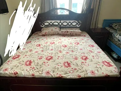 Bed frame with mattress, wardrobe and nightstand