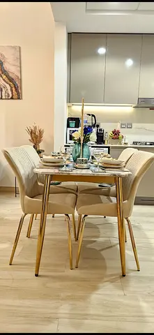 Modern 4-Seater Dining Table Set with Upholstered Chairs (Beige & Gold)