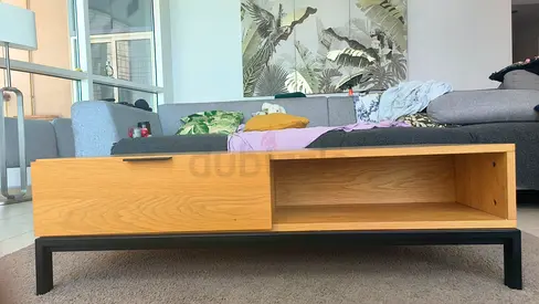 Solid Oak Wood Coffee Table with Open Shelf and Metal Base