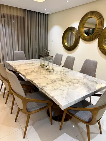 Marble Top Dining Table with Sculpted Wooden Pedestal Base