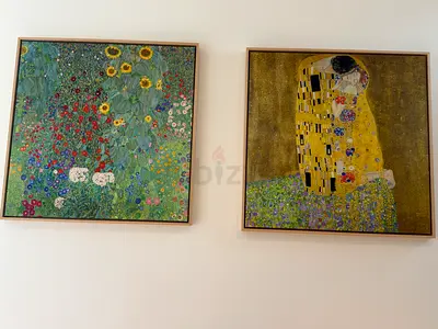 Pair of Framed Gustav Klimt Reproduction Prints (The Kiss & Flowering Meadow)