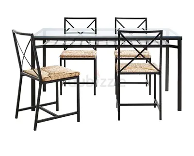 Glass Top Dining Table with 4 Metal Cross-back Chairs (Compact Set)