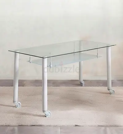 Glass Top Office/Study Table on Wheels with Lower Shelf - White Frame