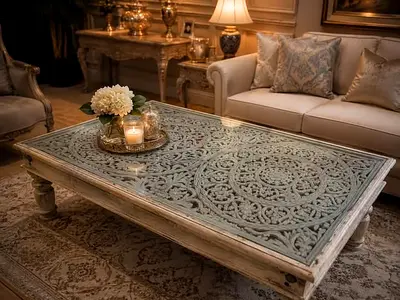 Marina Antique-Style Carved Wood Coffee Table — Solid, Decorative Top 155x85 cm