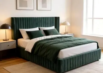Open wings green velvet king size bed frame