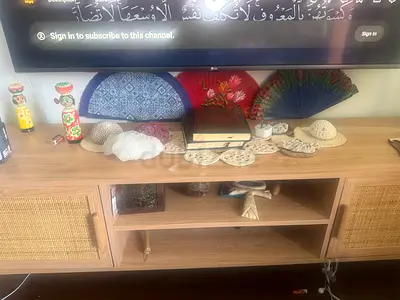 Wooden TV Cabinet with Woven Rattan Doors - Light Oak Finish