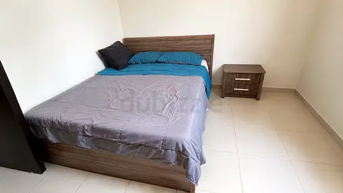 Queen wooden bed frame with mattress and matching bedside table