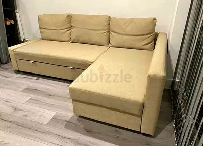Beige L-Shaped Sofa Bed with Pull Out Storage