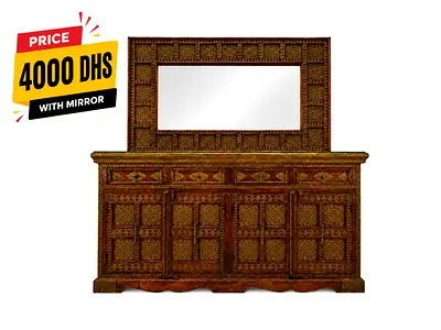 Antique-style Wooden Sideboard with Matching Mirror — Solid Carved Details