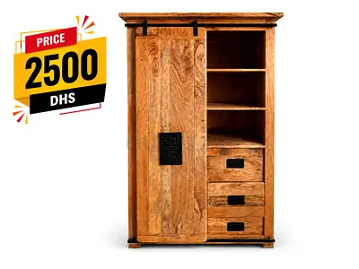Solid Mango Wood Sliding Door Wardrobe with Drawers - Good Condition