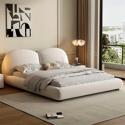 Modern low-profile upholstered double bed with curved headboard - White