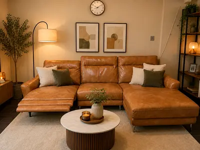 L-shaped tan leather sofa with chaise - good condition electric recliner
