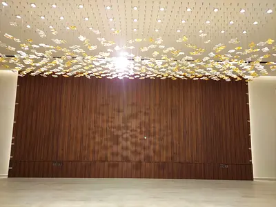 Large Decorative Wood Panel Wall with Ceiling Art Installation
