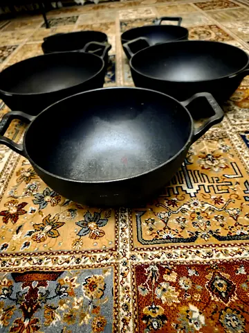Set of 5 Cast Iron Deep Kadhai / Cooking Pans. New. Unused. 2 Meyer + 3 Prestige. AED 330 for All 5.