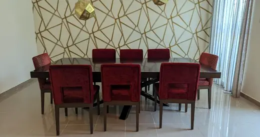 Wooden Dining Table with 8 Upholstered Chair Wooden lacquer finish metal base