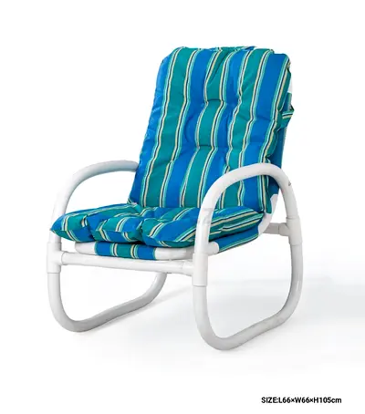 White tubular frame lounge chair with removable blue striped cushion