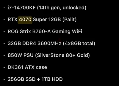 Custom Gaming Desktop - i7-14700KF, RTX 4070 Super 12GB, 32GB RAM, 1TB