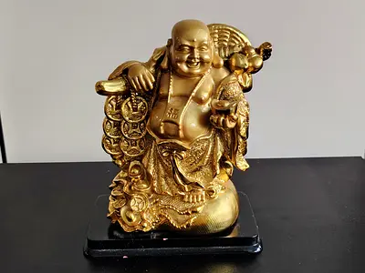 MOVING OUT SALE: Golden Laughing Buddha Statue on Black Base