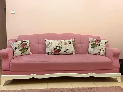 Pink 3-Seater Sofa with Floral Cushions + curtain + carpet - Good Condition