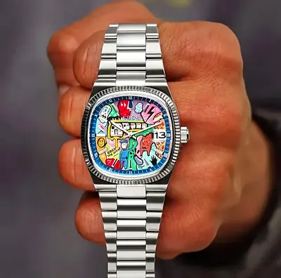 Men's Stainless Steel Watch with Colorful Art Dial